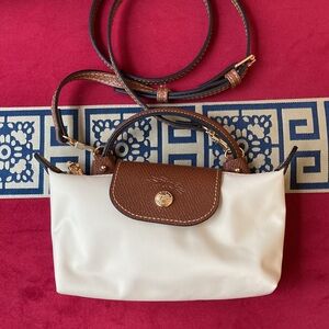 Longchamp Le Pliage White and Brown Women's Canvas Bag